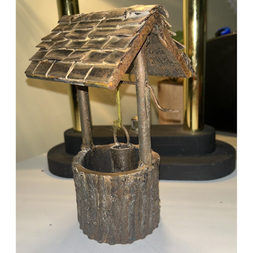 Vintage Handmade Metal Miniature Wishing Well – Rustic Folk Art Garden Decor